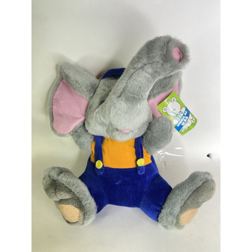 Vintage KB Bros Gray Elephant Blue Overalls Cuddle Me Plush Stuffed Animal Toy